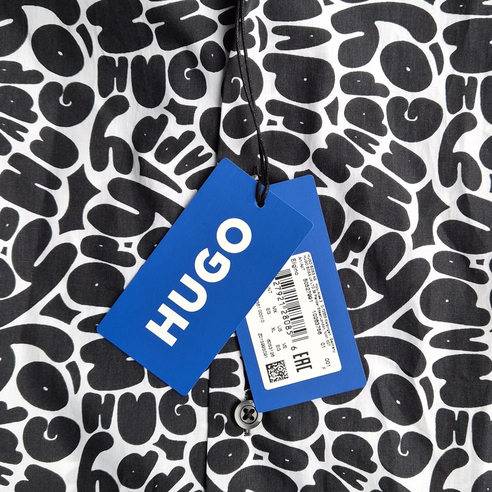 HUGO Boss Eligino Button-Up Resort Shirt In Monochrome Black & White Size XL - Picture 8 of 10